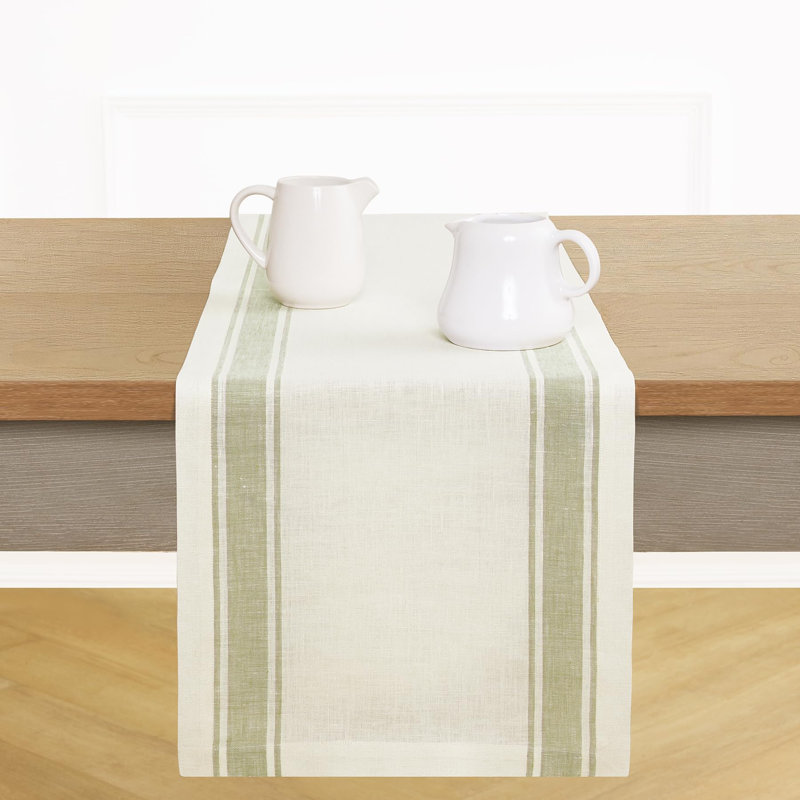 Country Stripe - 100% Pure Linen Table Runner, 108" x 14", Cream/Sage Green