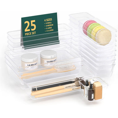 25 PCS Clear Plastic Drawer Organizers Set, Versatile Bathroom and Vanity Drawer Organizer Trays 4-Size Storage Bins for Makeup
