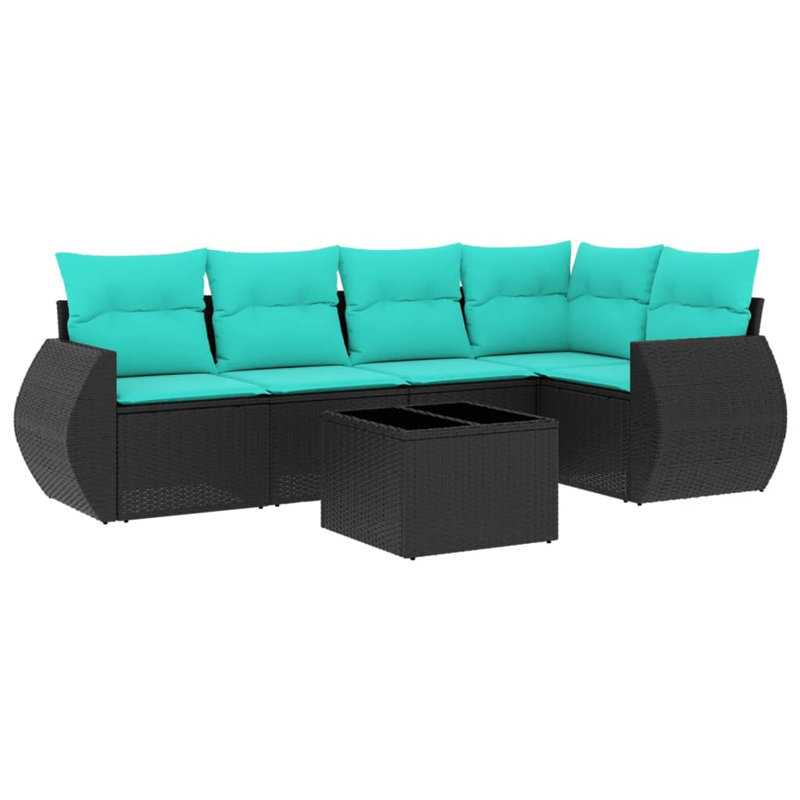 Ensemble de canapé de patio 6 pièces avec coussins en rotin de polyester, Bleu clair, Noir