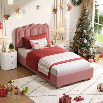 Cadre de lit simple avec tête de lit, cadre de lit Boucle, cadre de lit plateforme tapissier doux avec pied de lit, pieds en bois massif, support de lattes en bois massif, aucun sommier requis, assemblage facile
