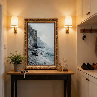Bord de mer, paysage marin, reproduction d'art sur toile encadrée - cadre doré décoratif pour l'art.
