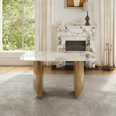 Modern Sintered Stone Dining Table With Gold Metal Base, (63")