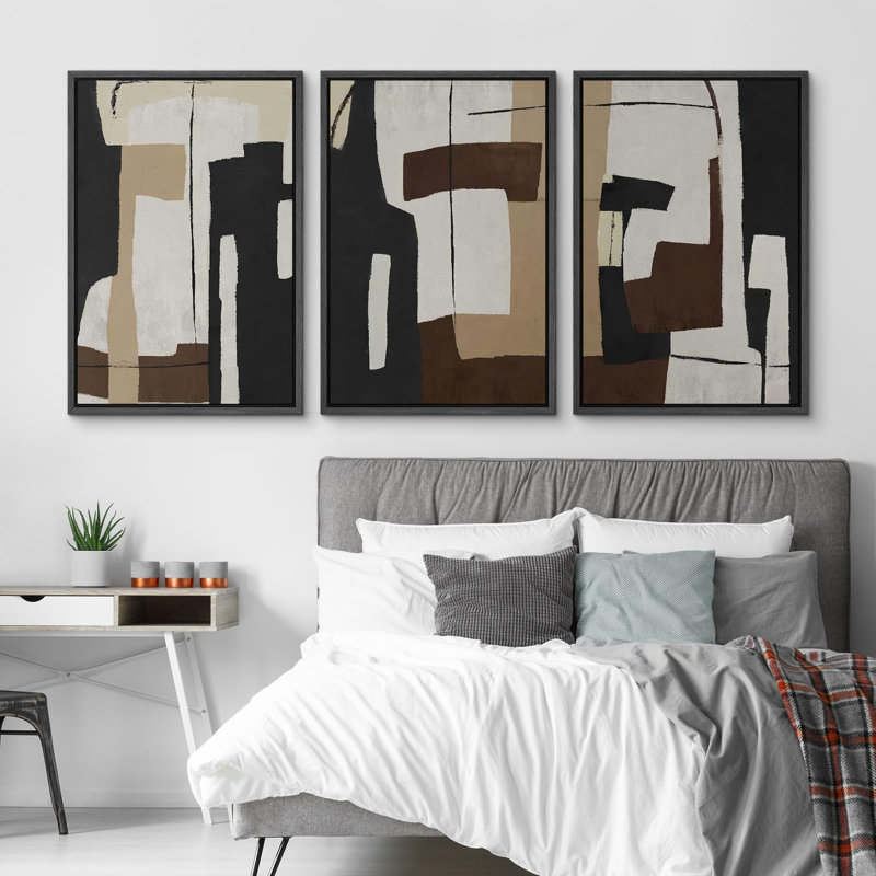 «Brown Blocks Abstract Mid Century Modern Shapes Illustration ArtWork Decor Chic salon», 3 pièces, H 24 po x l 16 po, Noir