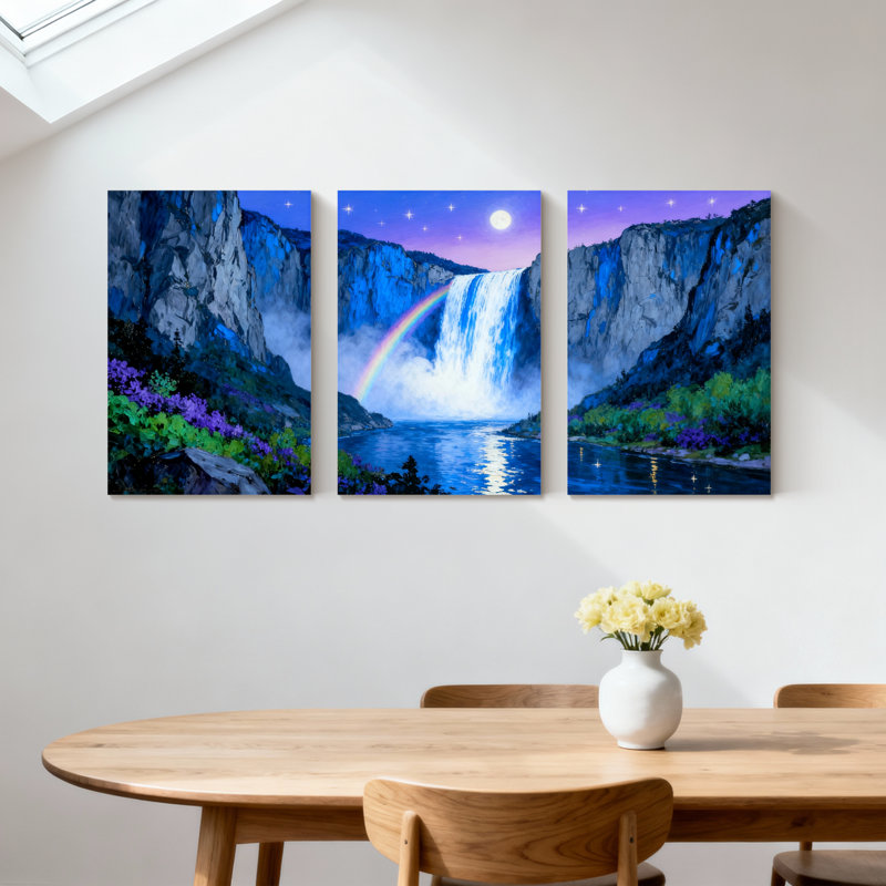Abstrait cascade arc-en-ciel nuit ciel montagnes fleurs ensemble de 3 impressions sur toile, H 24 po x l 48 po