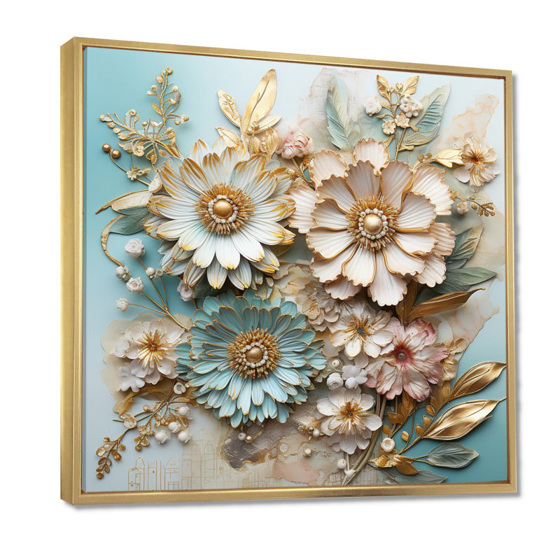 Marguerite dorée blanche et bleue feuilles dorées - Art mural marguerite, Toile avec cadre flottant or