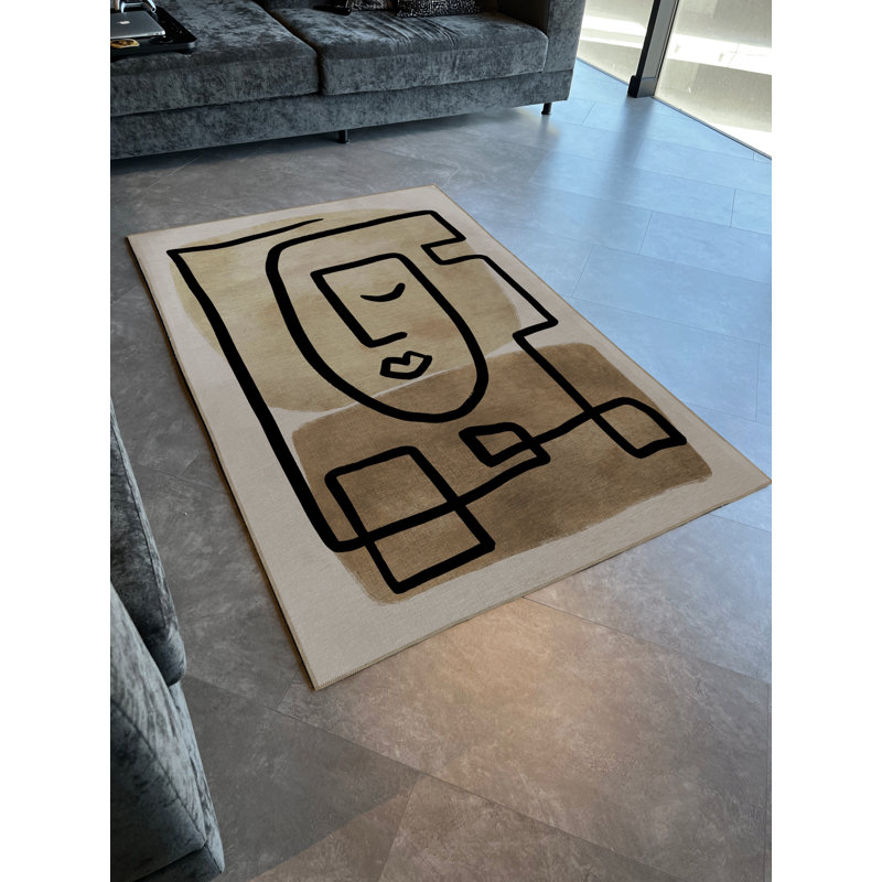 Tapis décoratif moderne beige à motif de portrait noir et surréaliste, Rectangle 5 pi 1,02 po x 7 pi 6,55 po