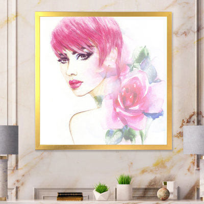 Délicat portrait d'une femme à la mode avec des cheveux roses - reproduction de cadre photo sur toile