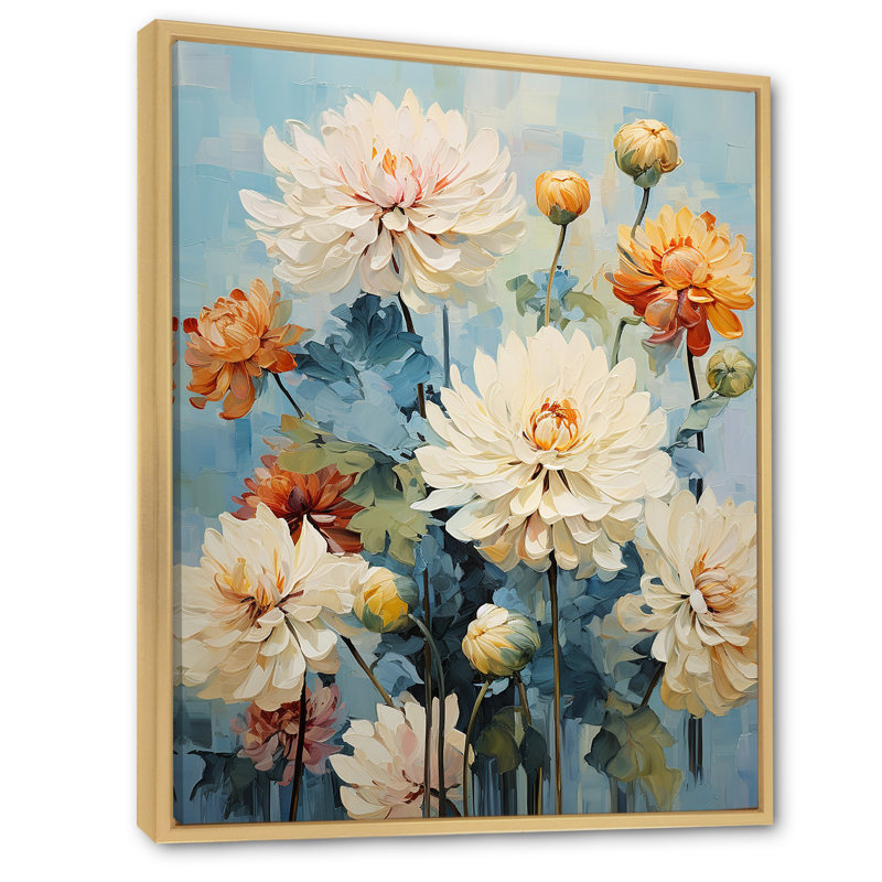 «Blue Blooms Zinnias Flowers I» sur toile, Cadre naturel flottant, H 44 po x l 34 po