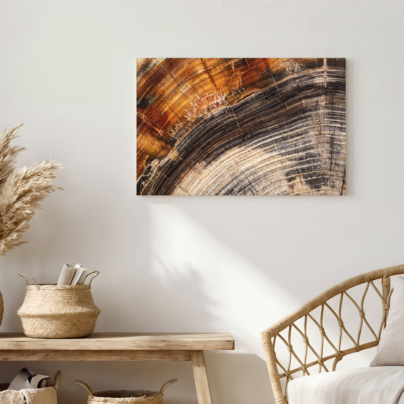 Brun et noir, arbre, section transversale, texture de grain de bois, art mural sur toile, 16"H x 24"W