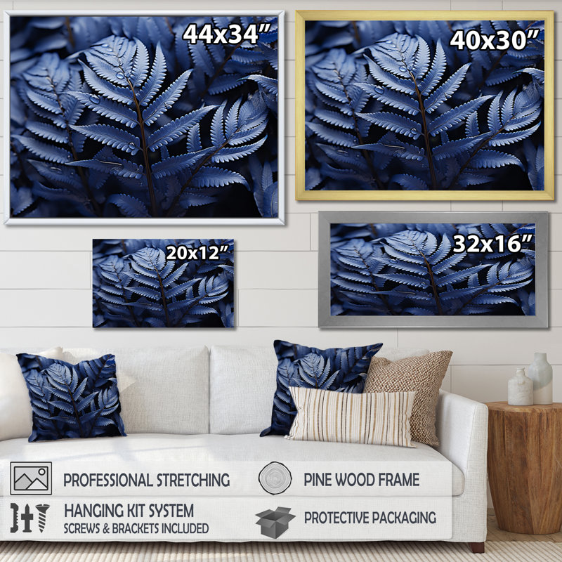 Blue Ferns Indigo Tranquillity I - Print, Cadre flottant noir, H 24 po x l 32 po x P 1 po
