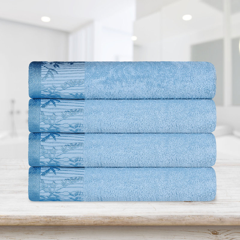 Carinna Cotton Medium Weight Floral Jacquard Border Assorted Bathroom Towel Set, Waterfall, Bath Towels - 4 Pack