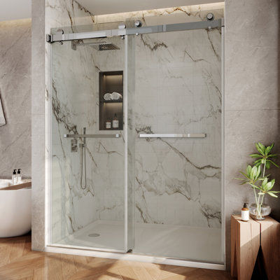 Porte de douche sans cadre 68 po x l 76 po x H 76 po Sola, porte de douche coulissante double en chrome, verre transparent trempé de 3/8 po (10 mm) certifié SGCC avec 2 barres à serviettes
