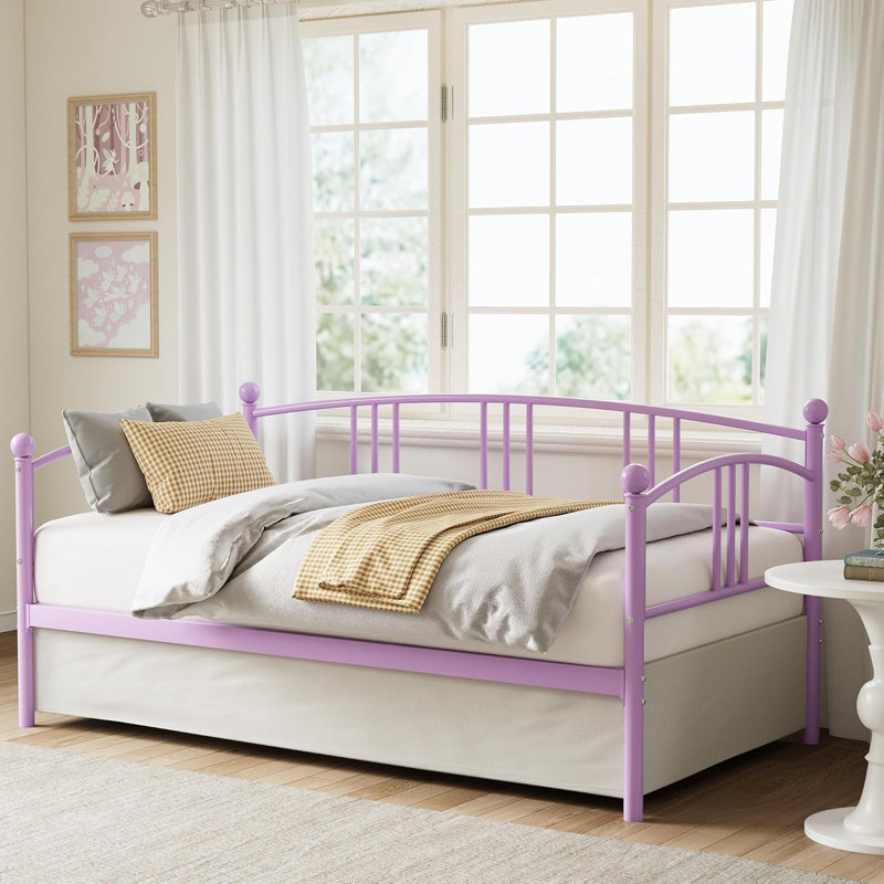 Twin Metal Daybed w/ Pullout Trundle, Arched Headboard, Guest Sofa Bed w/ Steel Slat Support, No Box Spring Needed, Easy Assembly