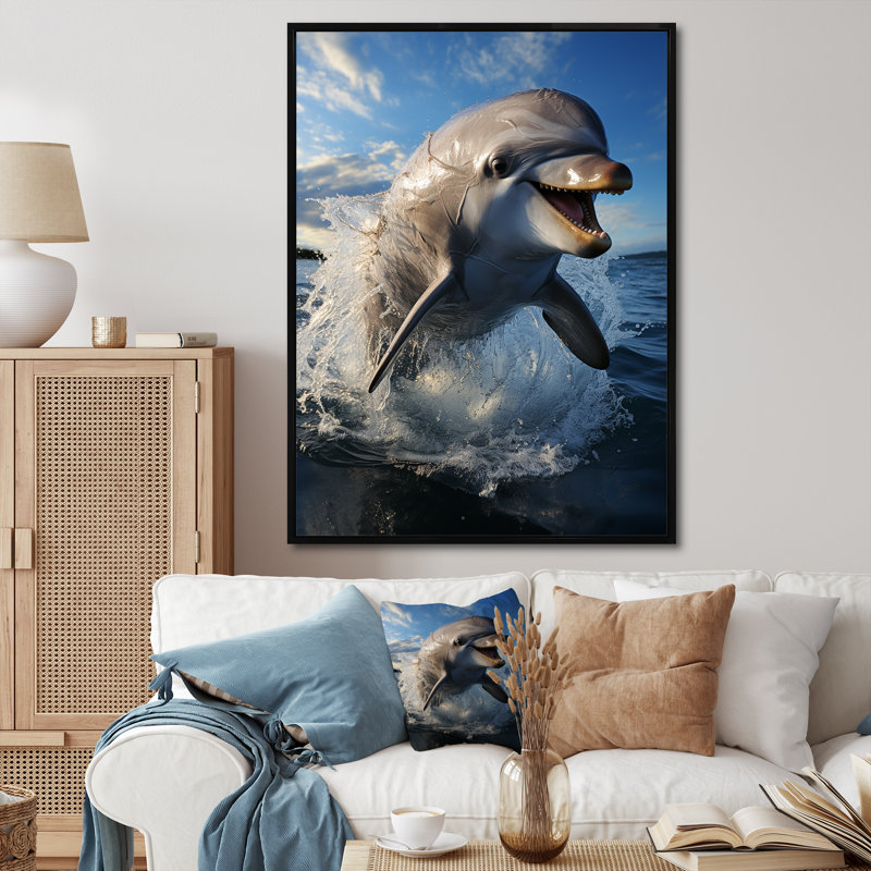 Dauphin gris et bleu, élégance océanique I - animaux marins, impressions sur toile, Cadre flottant noir
