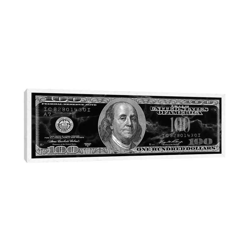 Hundred Dollar Bill - Panoramic Painting on Canvas, White Framed, 121.92 cm H x 40.64 cm W