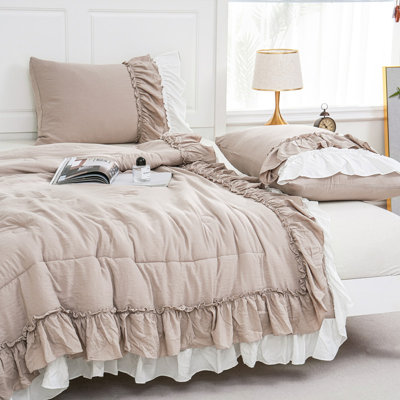 Bedding Set Boho King Size Comforter Set Ruffle Bedroom Home Decor Ultra Soft Microfiber Taupe Bed Set Farmhouse Comforter Bohemian White Ruffled Quilt Set for Girls Women