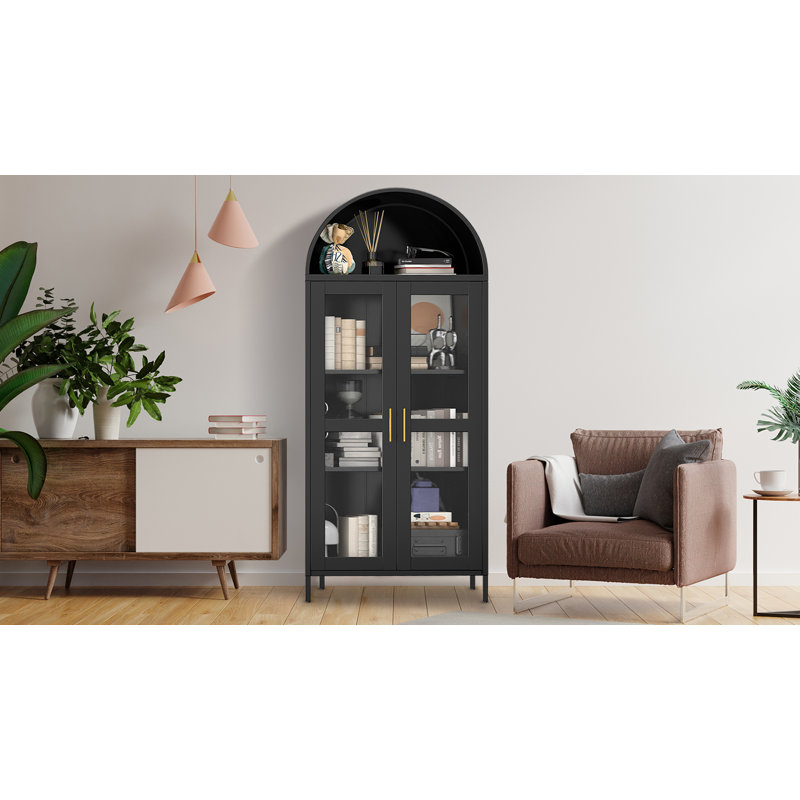 73 in Arched Metal Storage Cabinet with Glass Door,2 Adjustable Shelves,Rustic Display Unit for Kitchen Pantry, Living & Dining Rooms,Dark Black​​ with Legs