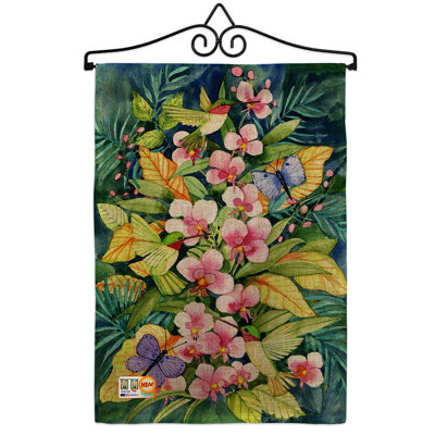 Orchidées et colibris en toile jute à 2 côtés 19 x 13 po drapeau de jardin