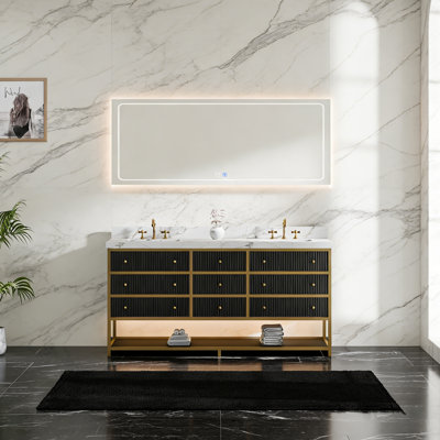 72" Luxury Double Bathroom Vanity With Engineered Stone Top, Dual Undermount Sinks, LED Shelf & 7 Soft-Close Drawers – Black Or White Cabinet With Golden Frame