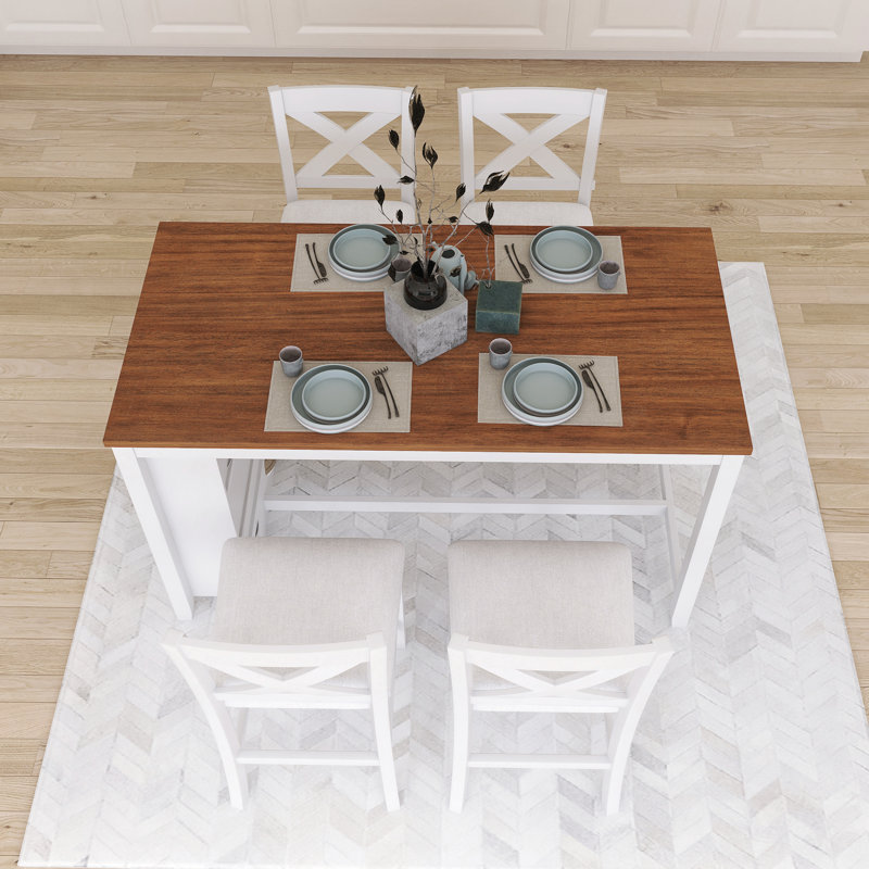 59" Rustic 5-Piece Dining Table Set With 4 Chairs, Walnut/White