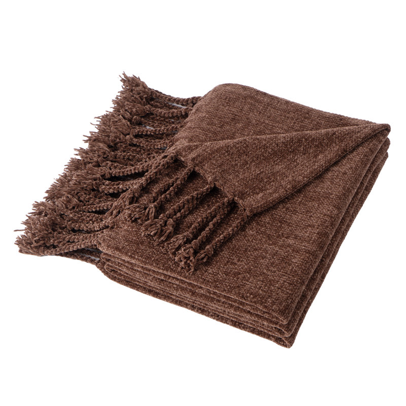 Jeté en velours Chenille, jeté décoratif à franges pour lit 50 po x 60 po, Brun