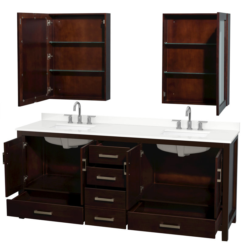 Sheffield 80" Freestanding Double Bathroom Vanity with Quartz Top with Medicine Cabinets, Brown, White Quartz