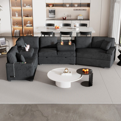 126" Sofa Sectional Sofa Couch Pull-Out Sofa Bed With Charging Devices And Cup Holders For Living Room