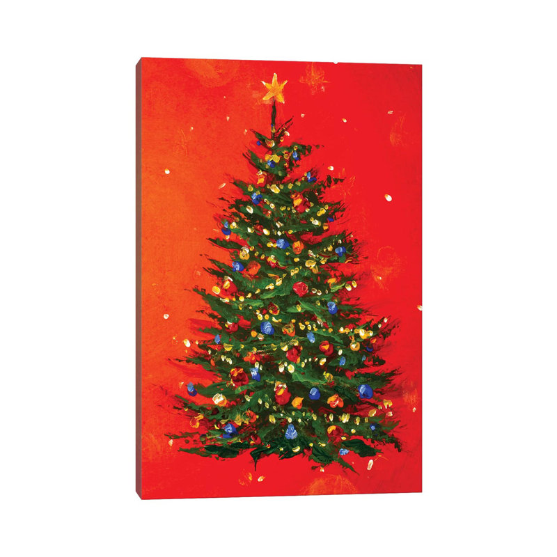Christmas Tree On Red Background - Wrapped Canvas Painting, 20.32 cm H x 30.48 cm W