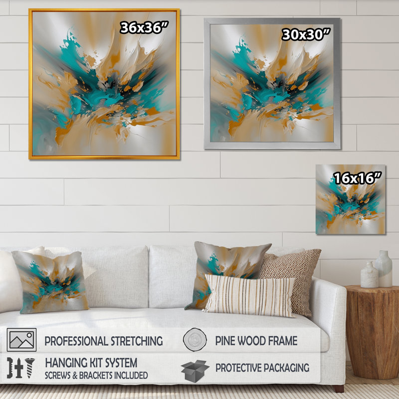 Encre de Noël jaune et turquoise Hinth - reproduction sur toile, H 16 po x l 16 po x P 1 po, Toile tendue