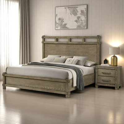 Rustic Wood Queen Panel Bed With Decorative Headboard & Footboard, Weathered Oak Finish