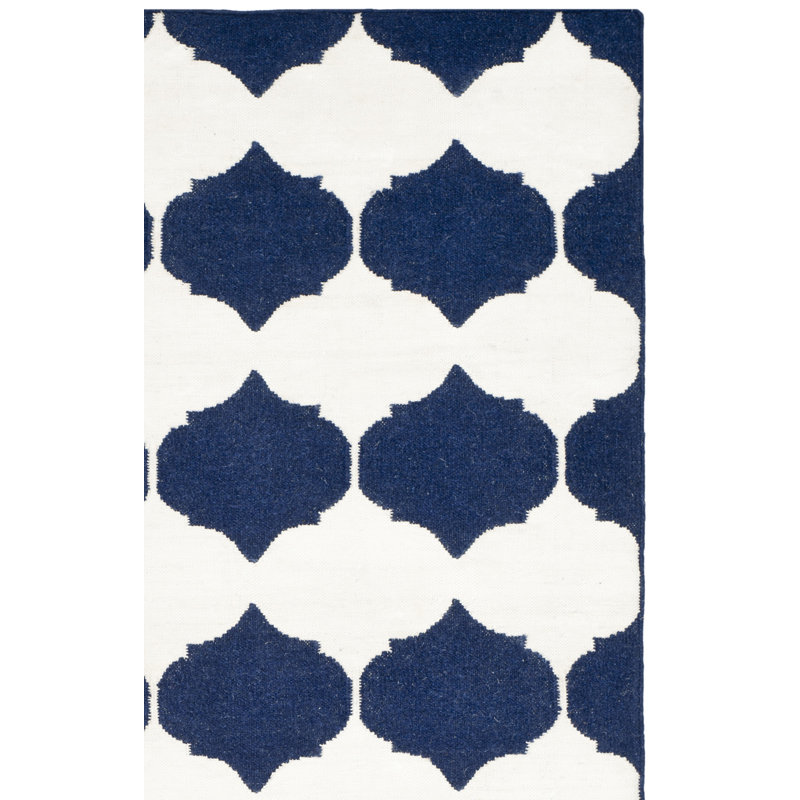 Rodgers Hand Woven Flat Weave Banana Silk/Wool/Cotton Geometric Rug in Ivory/Navy, Rectangle 3' x 5'