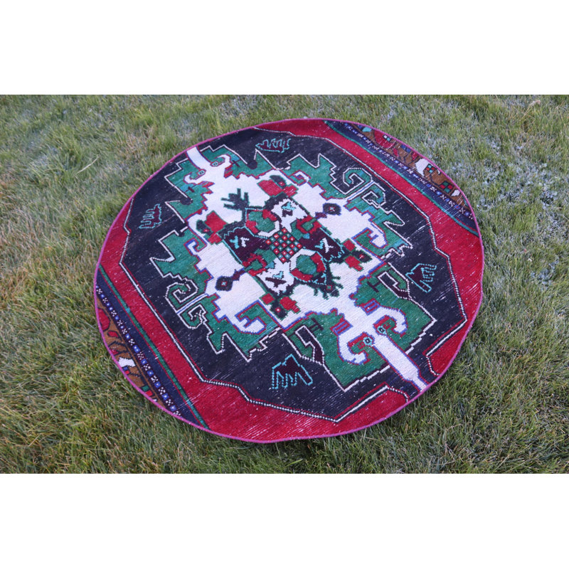 Tapis turc rond vert antique noué à la main de style bohémien pour un décor d'inspiration rétro