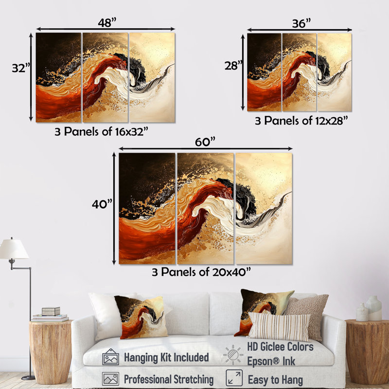 «Red and Golden Desert Wave II», ensemble d'art mural paysages abstraits, H 40 po x l 60 po, Toile tendue, Ne s’applique pas