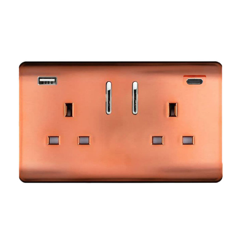 Trendi Switch 2 Gang USB 3100mA Type A & C USB Plug Socket, Copper
