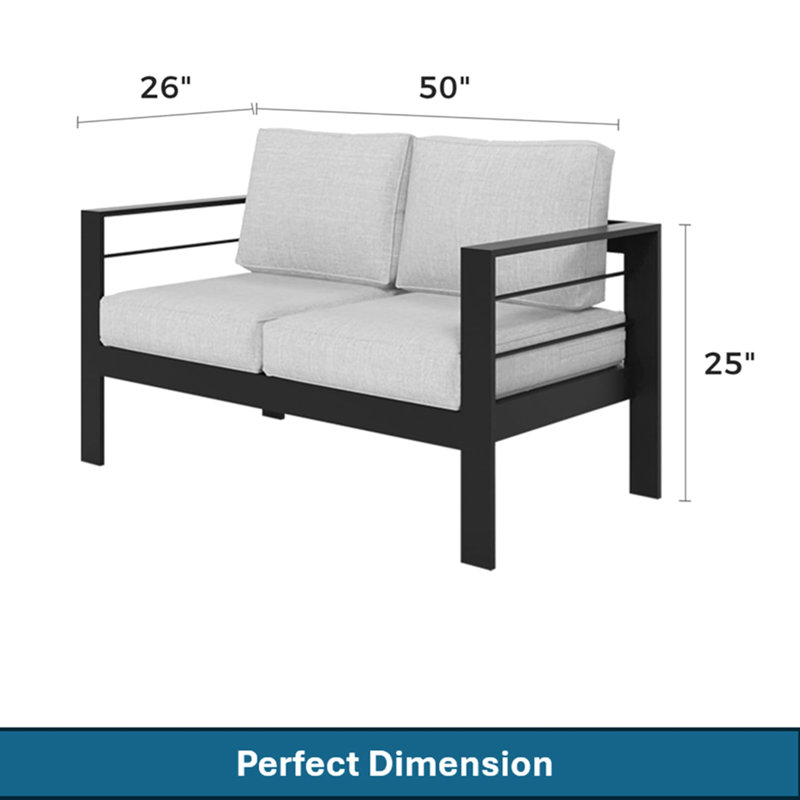 Ensemble de conversation moderne en aluminium 4 pièces pour patio, canapé 4 places avec coussins gris clair épais et structure noire et table basse