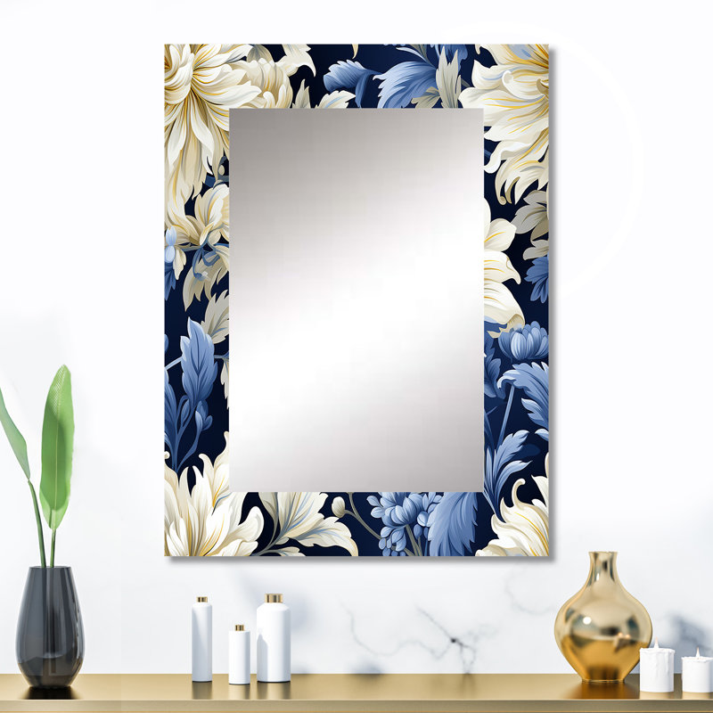 Gemini Astral Blue White Damask Radiance - damask  Wall Mirror, Boho Decorative Mirror, Printed Metal Art, 32" x 24"