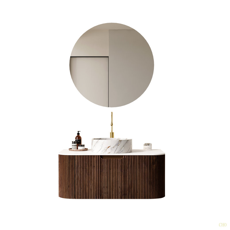 Meuble-lavabo de salle de bain avec lavabo, armoire de rangement de salle de bain murale à bordures courbes et flottantes avec tiroir, lavabo en céramique avec motif de pierre, pré-assemblé