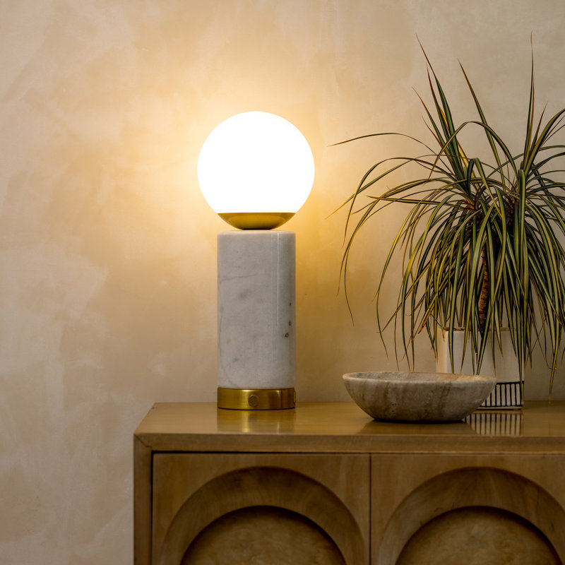 White Marble and Gold Touch Table Lamp with USB Port