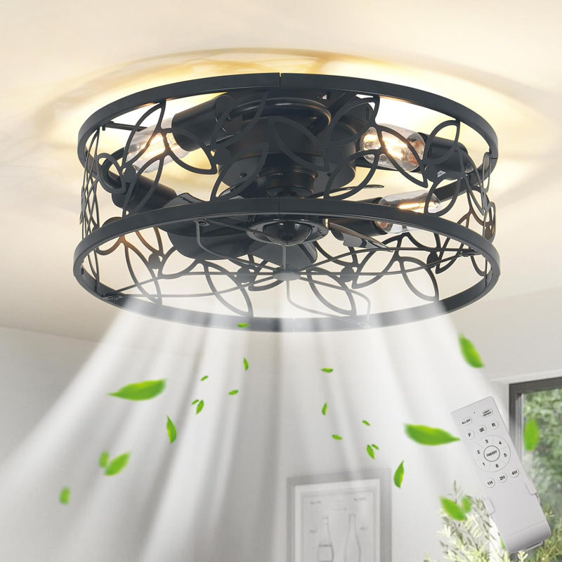 18In Caged Ceiling Fan With Light,Rustic Farmhouse Ceiling Fans With Lights And Remote,Bladeless Black Fandelier Ceiling Fan,Small Flush Mount Ceiling Fan For Kitchen, Bedroom(6 Speed, Timing)