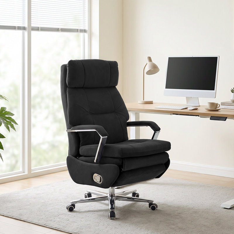 Chaise de bureau en velours avec repose-pieds rétractable, chaise de travail pivotante et réglable, Velvet Black