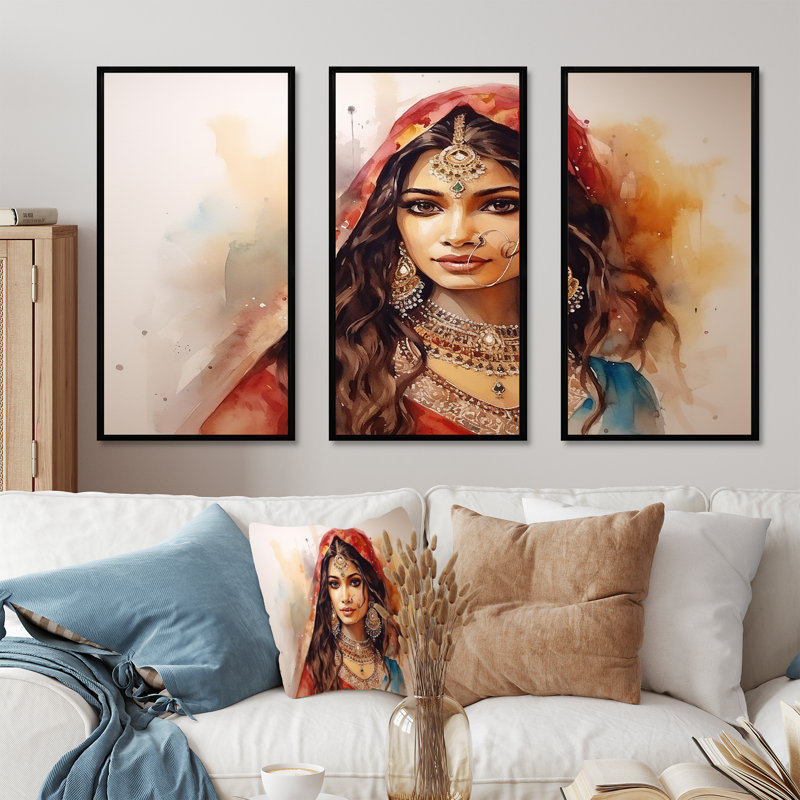 Art indien sur toile, femme indienne, Cadre flottant noir, H 40 po x l 61 po