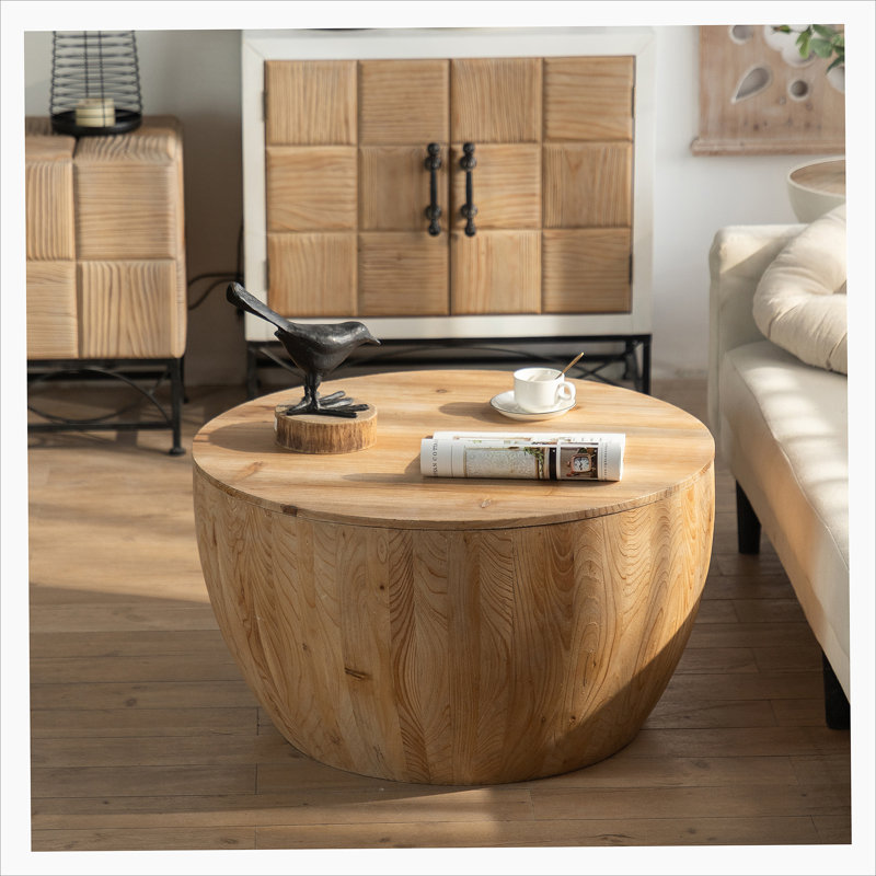 Vintage Style Bucket Shaped Coffee Table For Office, Dining Room, 17.72"H x 31.5"L x 31.5"W, Oak