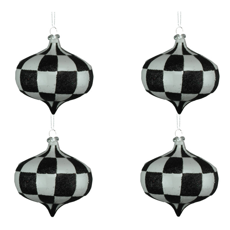 4'' Checkered Shatterproof Onion Ornament, White/Black