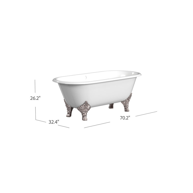 Carlton 70'' L Soaking Bathtub, Polished Nickel, White Interior with White Exterior