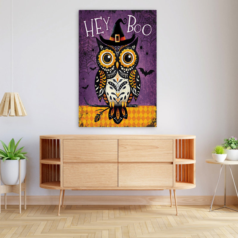 Hibou «Hey Boo» - art contemporain d'Halloween au chapeau de sorcière, H 48 po x l 32 po