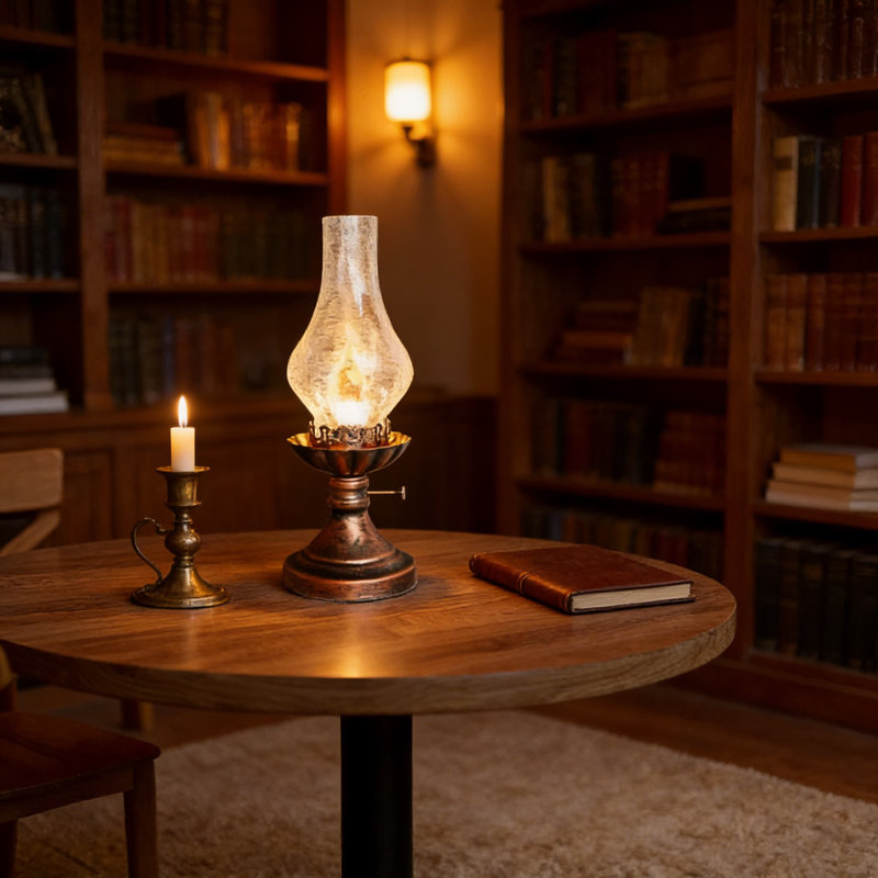 Lampe de table rétro avec abat-jour en verre craquelé - ampoule à effet de flamme à intensité variable 3 modes, design rustique victorien antique pour la chambre à coucher, le salon et le bureau
