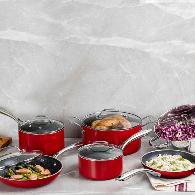 10-Piece Red Nonstick Aluminum Cookware Set with Glass Lids
