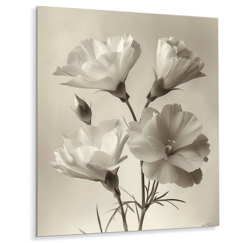 Monochromes gris botaniques œillets - œillets, impression d'art mural, Métal métal, H 44 po x l 34 po