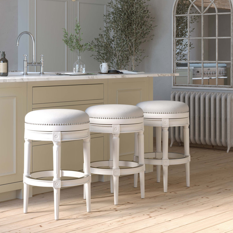 31In Wood Backless Bar-Height Swivel Barstool, White