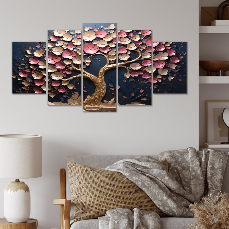 Orchidée rose et or, jardin de branches IV - arbre, art mural multipanel